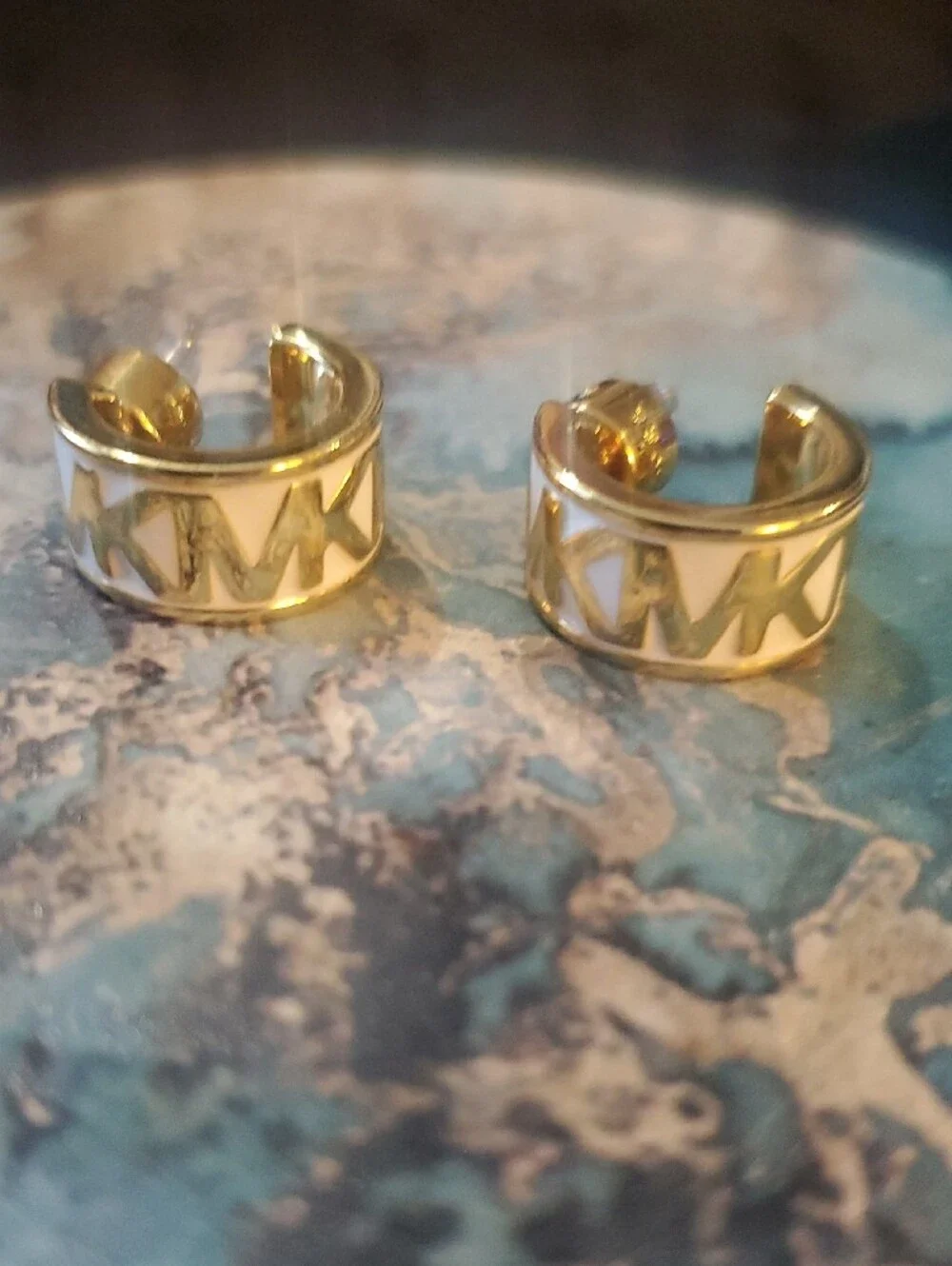 Michael Kors Gold Hoop Earrings with White Enamel Trim